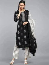 Women Black Rayon Blend Printed Straight Kurta Pant Set-VKSKD1024